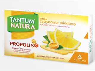 Tantum Natura z propolisem i witaminą C na ból i suchość gardła.